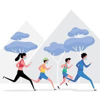 new normal exercise picture features a group of people running while keeping distance vector