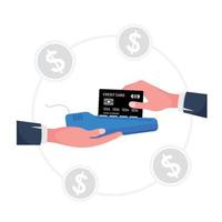 A cartoon showing swiping credit card feature a hand holding machine while the other hand holds a card vector