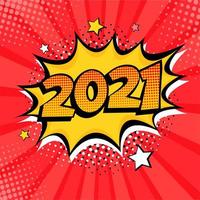 2021 New Year comic book style pop art postcard or greeting card element. vector