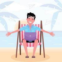 Working on the beach featuring a happy man sitting on sun bed with computer laptop with a beach background vector