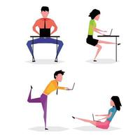 A cartoon character set of people exercising while working to prevent office syndrome vector