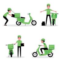 Set of man delivering parcel with a scooter