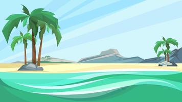 Desert island coast with palms and mountain. vector