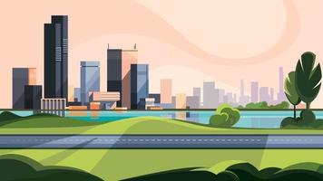 Cityscape with road and lake. vector