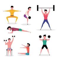 A cartoon character set of exercise man using dumbbell and doing push ups vector