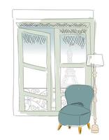 Window view from Paris window, Eiffel tower, hand drawn vector