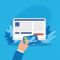 hand holding credit card and computer design vector