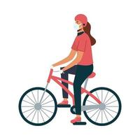 Isolated delivery woman with mask riding bike vector design