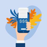 hand holding dataphone with leaves vector design