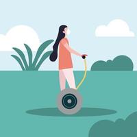 Woman with medical mask on hoverboard vector design