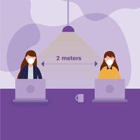 Office distancing between women with masks and laptops design vector