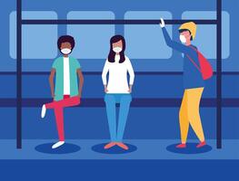 People with medical masks inside bus design vector