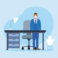 Office distancing of man with mask and desk vector design