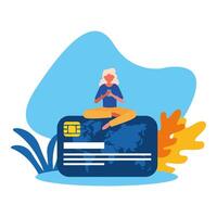 woman avatar with smartphone on credit card vector design