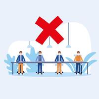 Office distancing between men with masks on table design vector