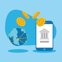 smartphone with bank coins and world design vector