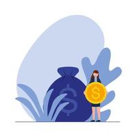 Woman avatar with coin and bag vector design