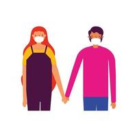 Woman and man couple with medical masks vector design