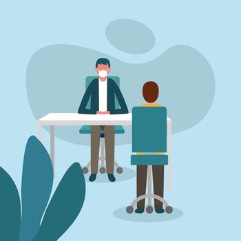 Office distancing between men with masks at desk design vector