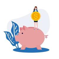 Woman avatar with mask and coin on piggy vector design