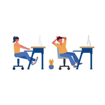 Avatar de mujer y hombre en escritorios con diseño vectorial de computadoras vector