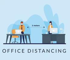 Office distancing between man and woman with masks and desks vector design