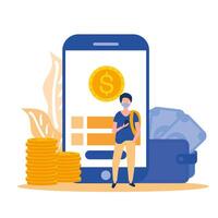 man avatar with mask smartphone and coin design vector