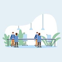 Office distancing between men with masks on table design vector