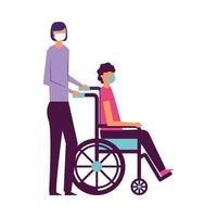 Man and boy in wheelchair with medical masks vector design