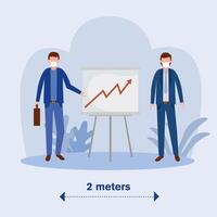 Office distancing between men with masks and board design vector