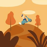 woman with medical mask and motorcycle on mountain vector design