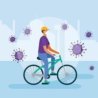 Hombre con máscara médica en diseño vectorial de bicicleta vector