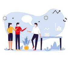 Woman and men avatars with table and laptop design vector