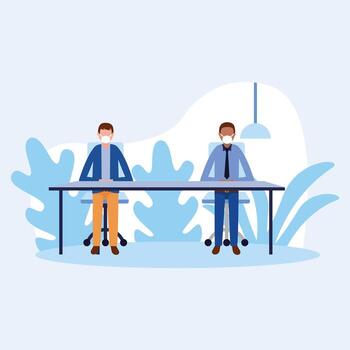 Office distancing between men with masks on table design vector