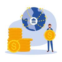 man avatar with coins and bank vector design