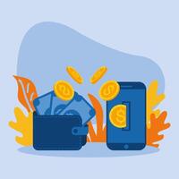 wallet with bills coins and smartphone vector design