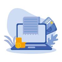 laptop credit card bill receipt paper and coins design vector