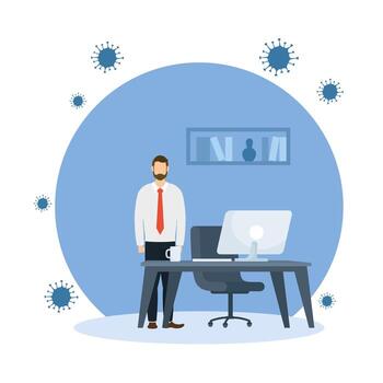 Office distancing of man with desk and computer design vector