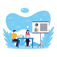 Woman and man with mask on desk and board design vector