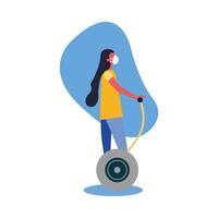 Woman with medical mask on hoverboard design vector