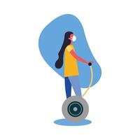 Mujer con máscara médica en diseño vectorial hoverboard vector