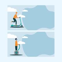 Men with masks on scooter and hoverboard design vector