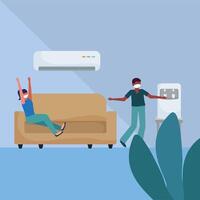 Office distancing between man and woman with mask on couch design vector