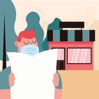 man with mask with newspaper and store design vector