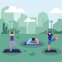 women with masks doing yoga at park vector design