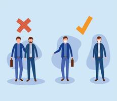 Office distancing between men with masks and suitcases design vector