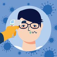 Hand holding thermometer gun checking man temperature design vector