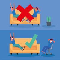 Office distancing between man and woman with mask on couch vector design