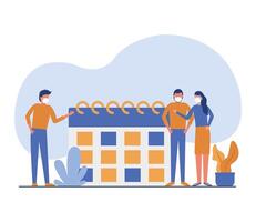 Woman and man with masks and calendar design vector