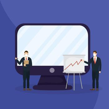 Office distancing between men with masks and computer design vector